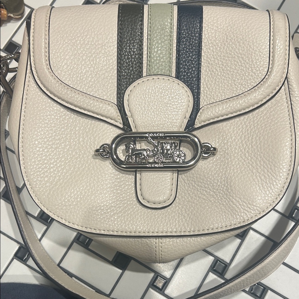 Coach Chalk Pebble Leather Crossbody with Navy and Olive Stripes